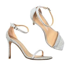 Stuart Weitzman Nudistcurve Glitter Ankle Strap Sandals Silver Crystal Size 8.5